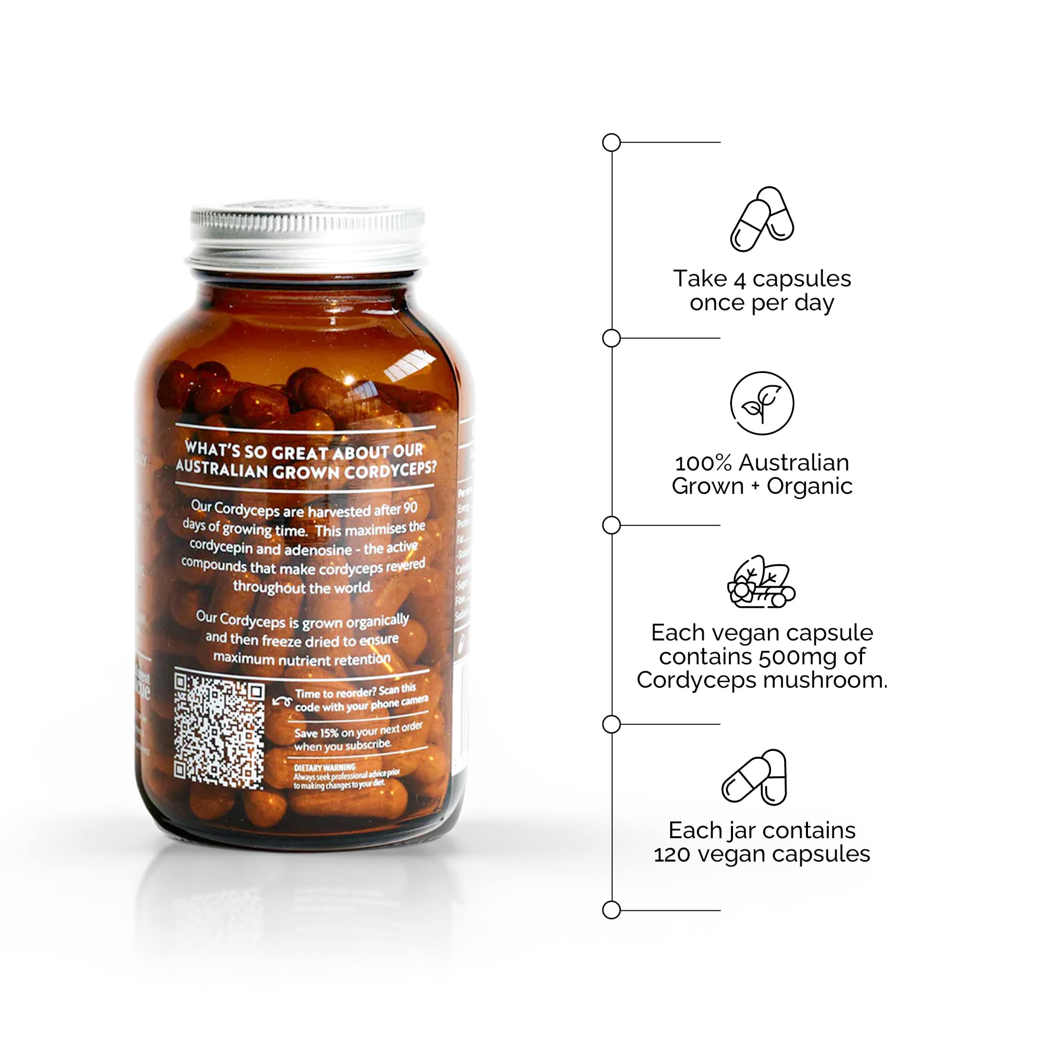 Australian Grown Cordyceps Mushroom bottle highlighting 120 vegan capsules with 500mg cordyceps by Forest Super Foods