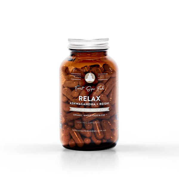 Relax Whole Food Supplement bottle with 120 capsules featuring organic ashwagandha and reishi for calm and rest