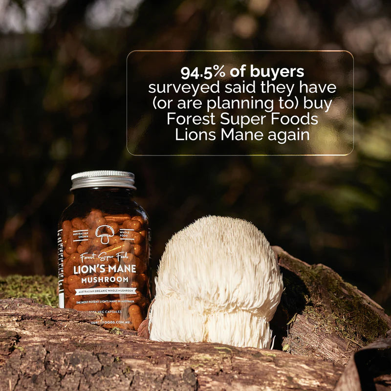 Bottle of Forest Super Foods Lions Mane Mushroom Capsules placed beside a fresh lion’s mane mushroom on a log, with text showing 94.5% of buyers plan to purchase again.